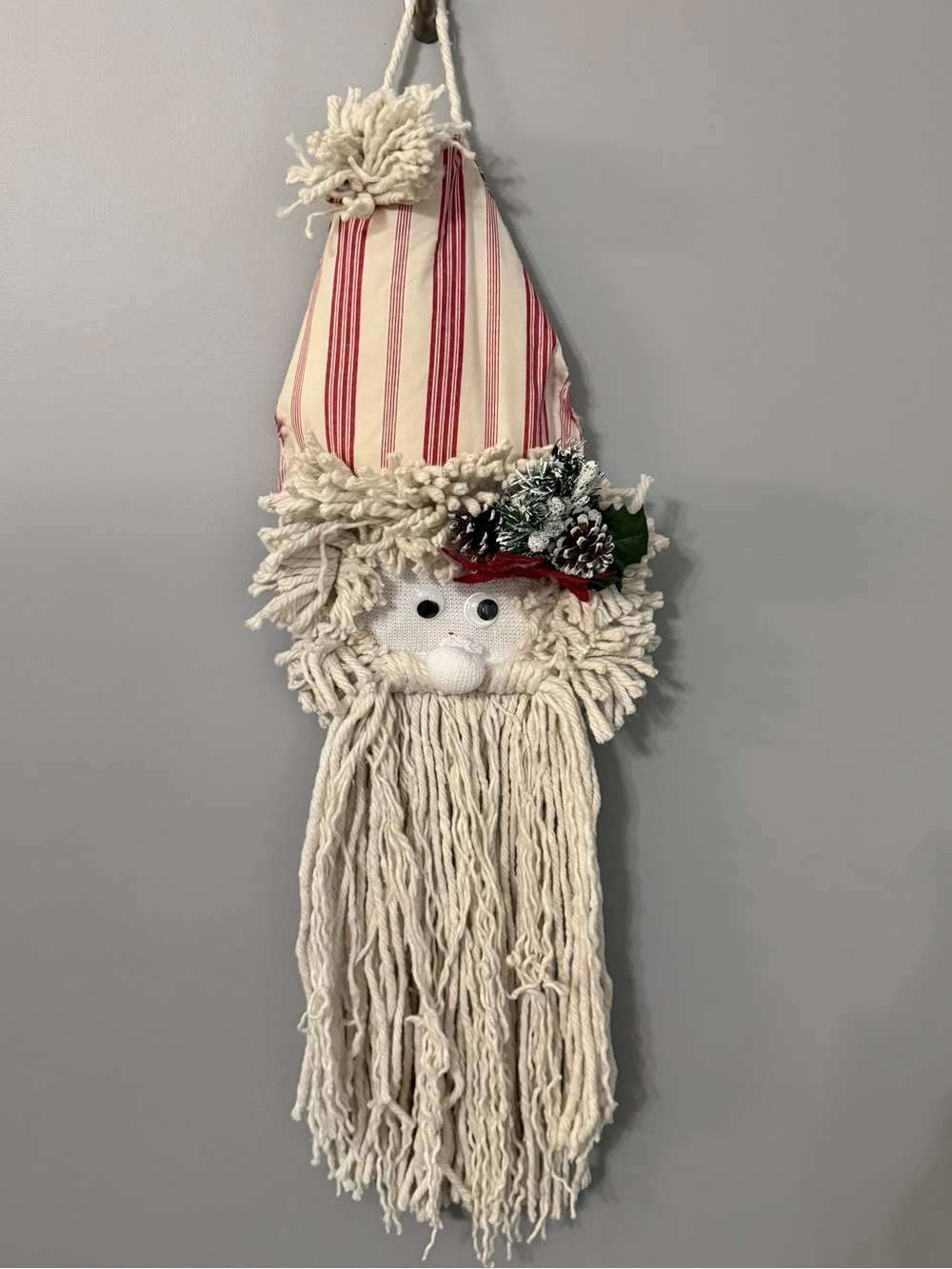 Cream Santa Wall Hanging with Red Striped Hat - Holiday Decor